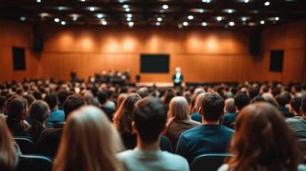 Audience attentively listening to a speaker during a formal conference or seminar in a large, well-lit auditorium.