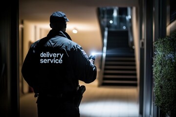 Obraz premium A delivery service worker uses a flashlight while inspecting an indoor area near a staircase at night.