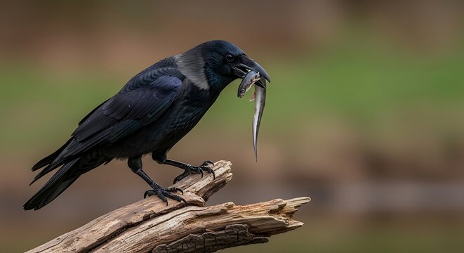 Majestic crow perched on a branch with its fish catch in a natural setting