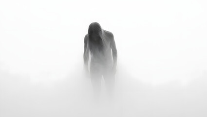 Obraz premium Mysterious Man, Long Hair, Foggy Setting, Monochromatic, Ethereal, Somber Mood, Artistic, Conceptual Portrait.