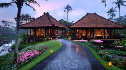 Naklejka premium Two traditional-style villas with lush gardens and a serene atmosphere.
