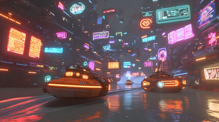 Futuristic cityscape with neon lights and vehicles.  A vibrant, stylized city with floating neon signs and futuristic watercraft navigating a canal