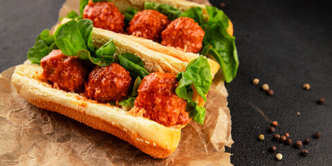 Meatball sandwich fast food meat dish fresh delicious gourmet food background on the table rustic food top view copy space