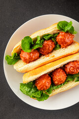 Meatball sandwich fast food meat dish fresh delicious gourmet food background on the table rustic food top view copy space