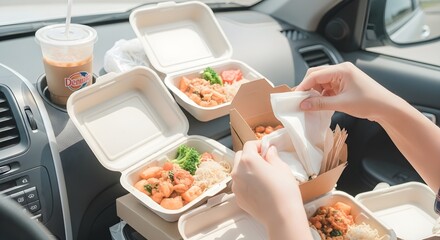 Convenient meal pickup in car. Enjoying takeout food in eco-friendly containers.  Perfect for food delivery and fast food concepts.