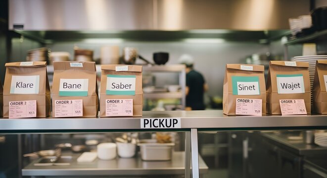 Bags with takeaway food orders are waiting on a counter for pickup. Ready-to-go meals symbolize convenience and modern lifestyle. Ideal for food delivery or restaurant concepts.