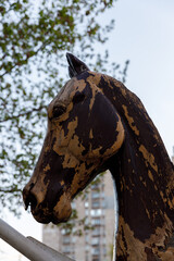 An Artistic Representation of a Horse Head in a City Setting, Captured with Detailed Textures and Unique Color Patterns Creating a Striking Visual Impact