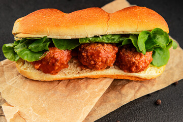Meatball sandwich fast food meat dish fresh delicious gourmet food background on the table rustic food top view copy space