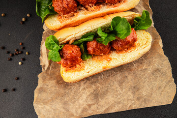 Meatball sandwich fast food meat dish fresh delicious gourmet food background on the table rustic food top view copy space