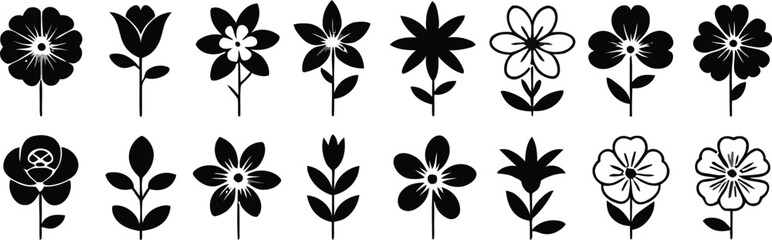 Obraz premium Collection of stylized black and white floral silhouettes on white background