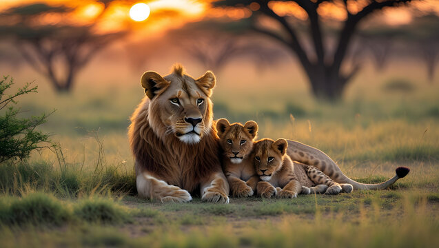 Majestic African lion with two cubs at sunset, resting in the savanna grasslands.