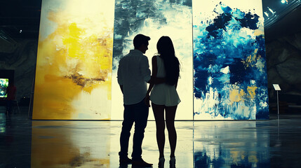 Couple standing together in front of a large, striking painting in an art gallery setting