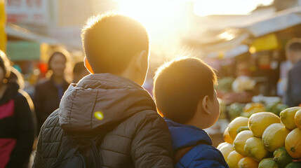 Father and child enjoying a vibrant market experience with fresh produce and colorful stalls