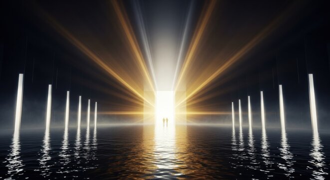 Abstract pathway to luminous gateway through mirrored water with two figures silhouette in dark