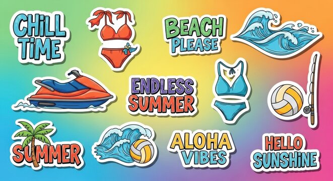 Vibrant summer themed sticker collection featuring beach vacation essentials and island aesthetics