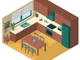 Isometric 3D Rendering of a Modern Kitchen Interior Design
