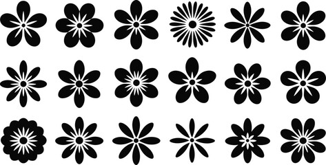 Collection of diverse black flower silhouettes on white background