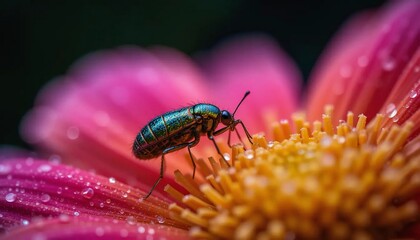 A small iridescent beetle perched on the vibrant yellow center of a pink flower with water droplets
