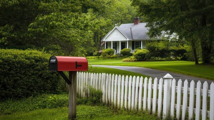 Classic red-flag mailbox on white post by lawn, suburban street with trees and blue sky.

