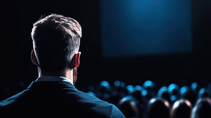 Speaker presents to a captivated audience in a dimly lit auditorium