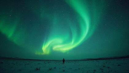 Person Under Green Aurora Borealis in Snowy Landscape