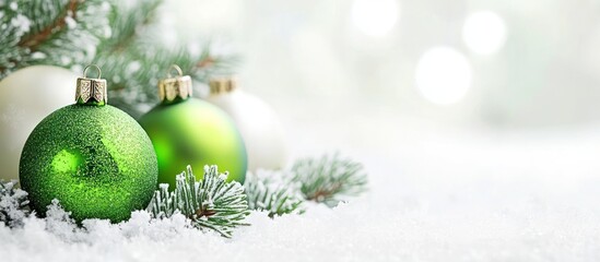 Obraz premium Festive Christmas decorations, green and white ornaments, snowy backdrop