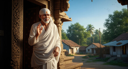 Portrait of Sai Baba conveying blessings amidst a traditional Indian village scene serenity and