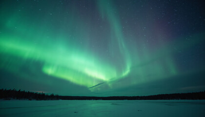 Northern Lights Over Snow-Covered Ground with Trees at Night