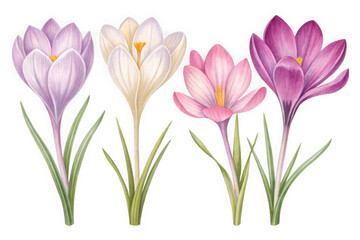 Fototapeta premium Four delicate crocus flowers in shades of purple and pink