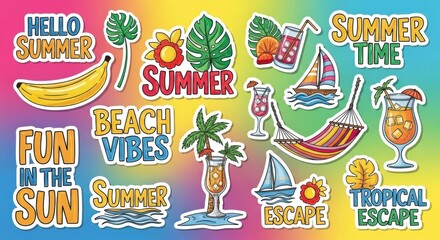 Colorful and vibrant summer themed sticker collection with tropical elements, beach vibe designs