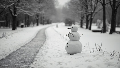 Snowman in Snowy Park, Grayscale