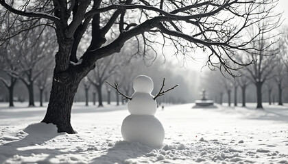 Snowman in Snowy Park Landscape