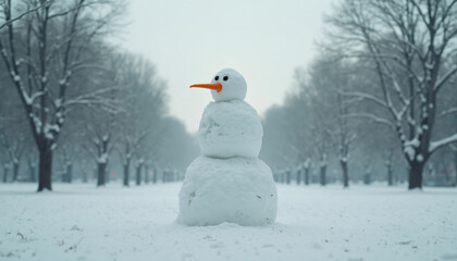 Snowman in Snowy Park with Trees