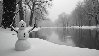 Snowman Near Water Body in Snowy Landscape, Monochrome