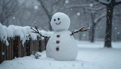 Snowman with Stick Arms Beside Snow-Covered Fence
