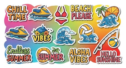 Fototapeta premium Vibrant Summer Sticker Collection Featuring Beach Elements and Recreational Activities to evoke