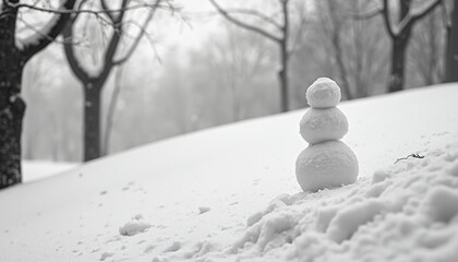 Three-Tiered Snowman in a Snowy, Wooded Landscape