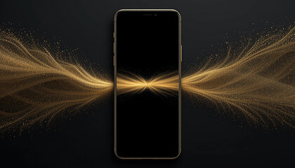 Luxury Smartphone: Golden Particle Burst, Elegant Dark Background, Premium Technology