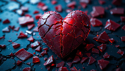 Shattered Red Glass Heart: Dark Moody Abstract Background, Broken Love Concept.