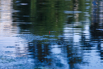Captivating Reflection of Nature: A Tranquil Lake Scene with a Striking Red Indicator on the Surface - A Perfect Moment for Serenity and Reflection in Outdoor Waters