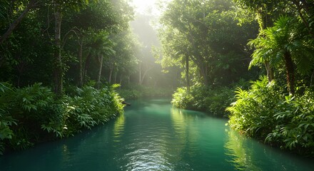 Obraz premium Jungle river with tropical plants, vivid greens, sunlight beams