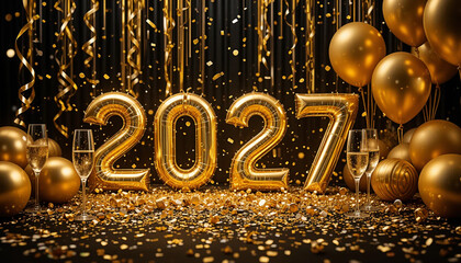 Luxurious Gold 2027 New Year's Eve Celebration: Balloons, Confetti, Champagne