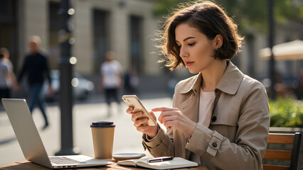 Focused businesswoman efficiently managing tasks on her smartphone while working outdoors at a cafe table with a laptop and coffee generative ai.