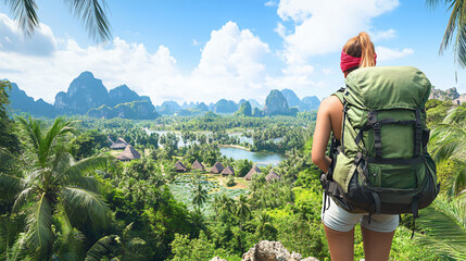 Woman gazing at a stunning tropical landscape with lush vegetation and sparkling ocean views