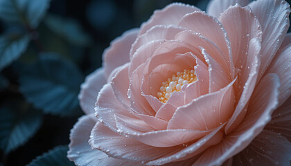 Close-up Dew-Kissed Blush Pink Rose with Pearl Center; Romantic, Elegant, Soft Focus.