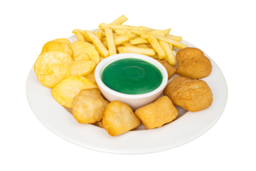 a plate of food with a bowl of green sauce