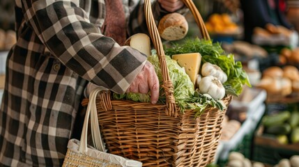 Person holding a wicker basket of produce at a market
