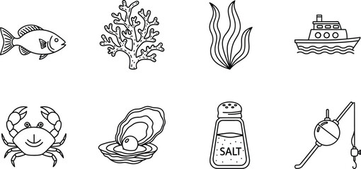 Vector art of a set of marine life and nautical icons isolated on white background