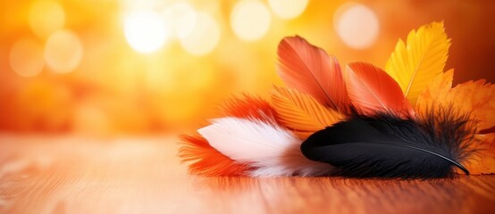 Naklejka premium Vibrant feathers lay on wooden surface with warm autumn background