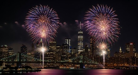Spectacular Fireworks Over New York City Skyline Illuminating the Night Sky